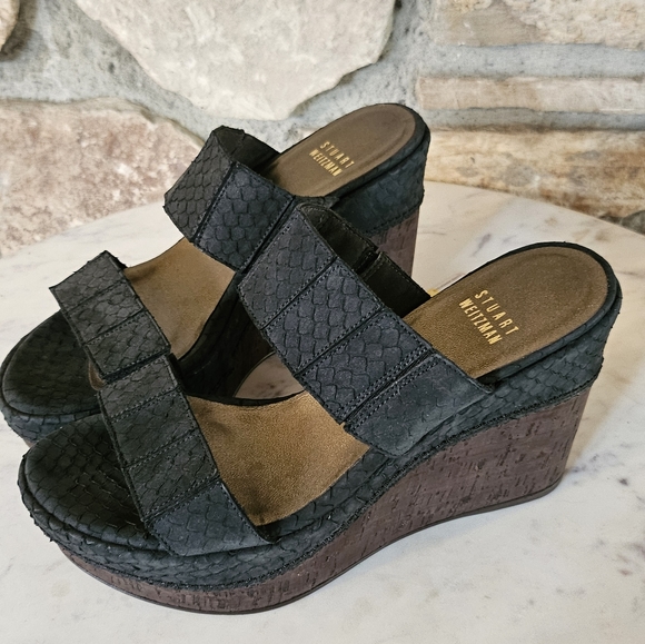 Stuart Weitzman Black Reptile Pattern Upper Cork Wedge Slide Sandals  Size 6M - Picture 9 of 14